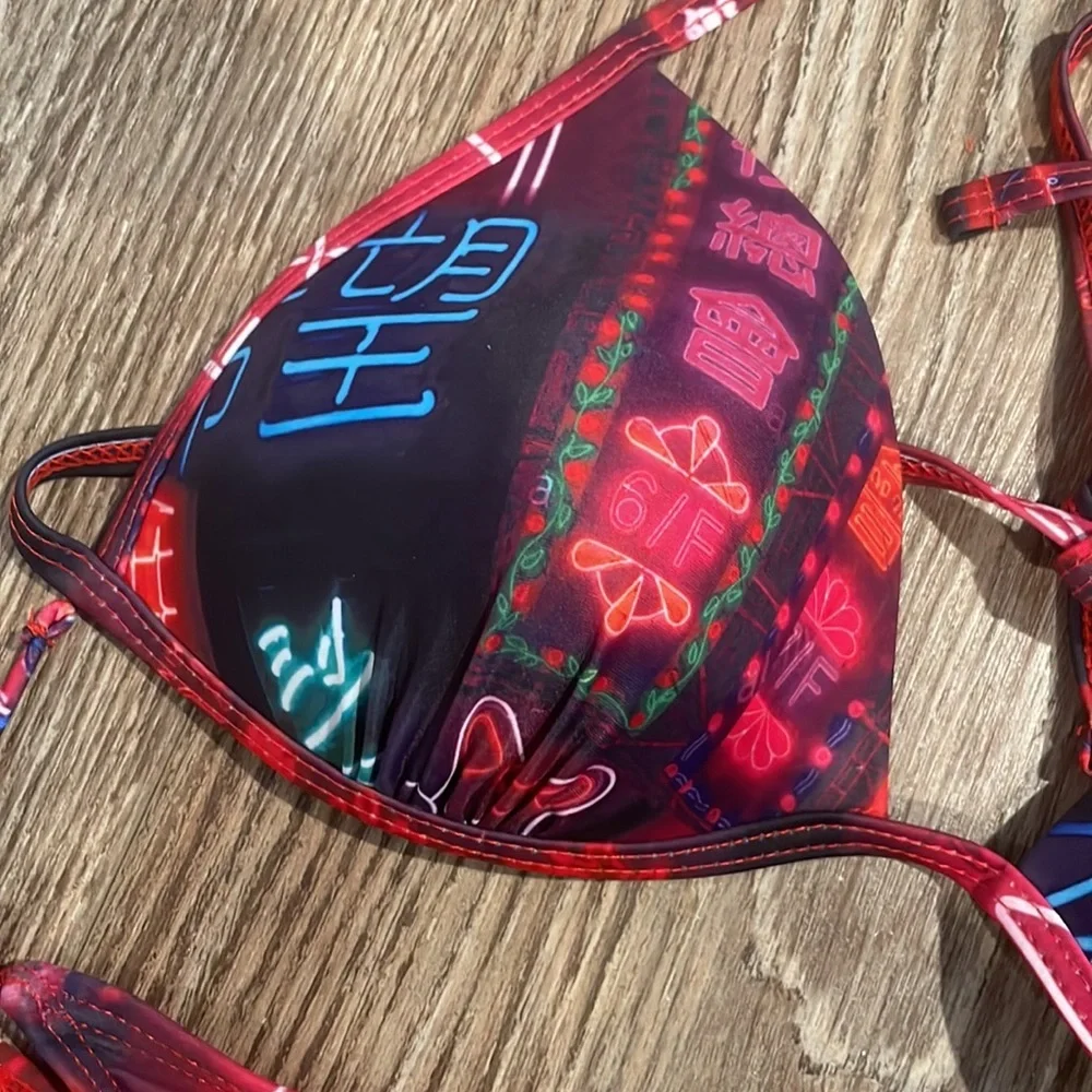 Neon Asian Streetwear Print String Bikini